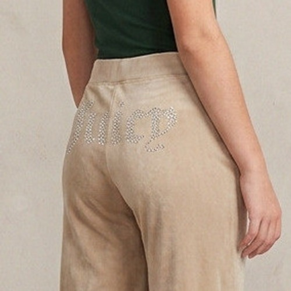 Juicy Couture Velour Rhinestone Logo Flare Track Pants Low Rise Y2K Beige Small